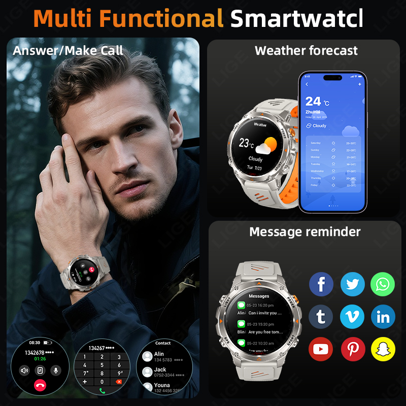 LIGE وعرة لتحديد المواقع المسا - مراجعة Smartwatch Watches For Mens وسعره